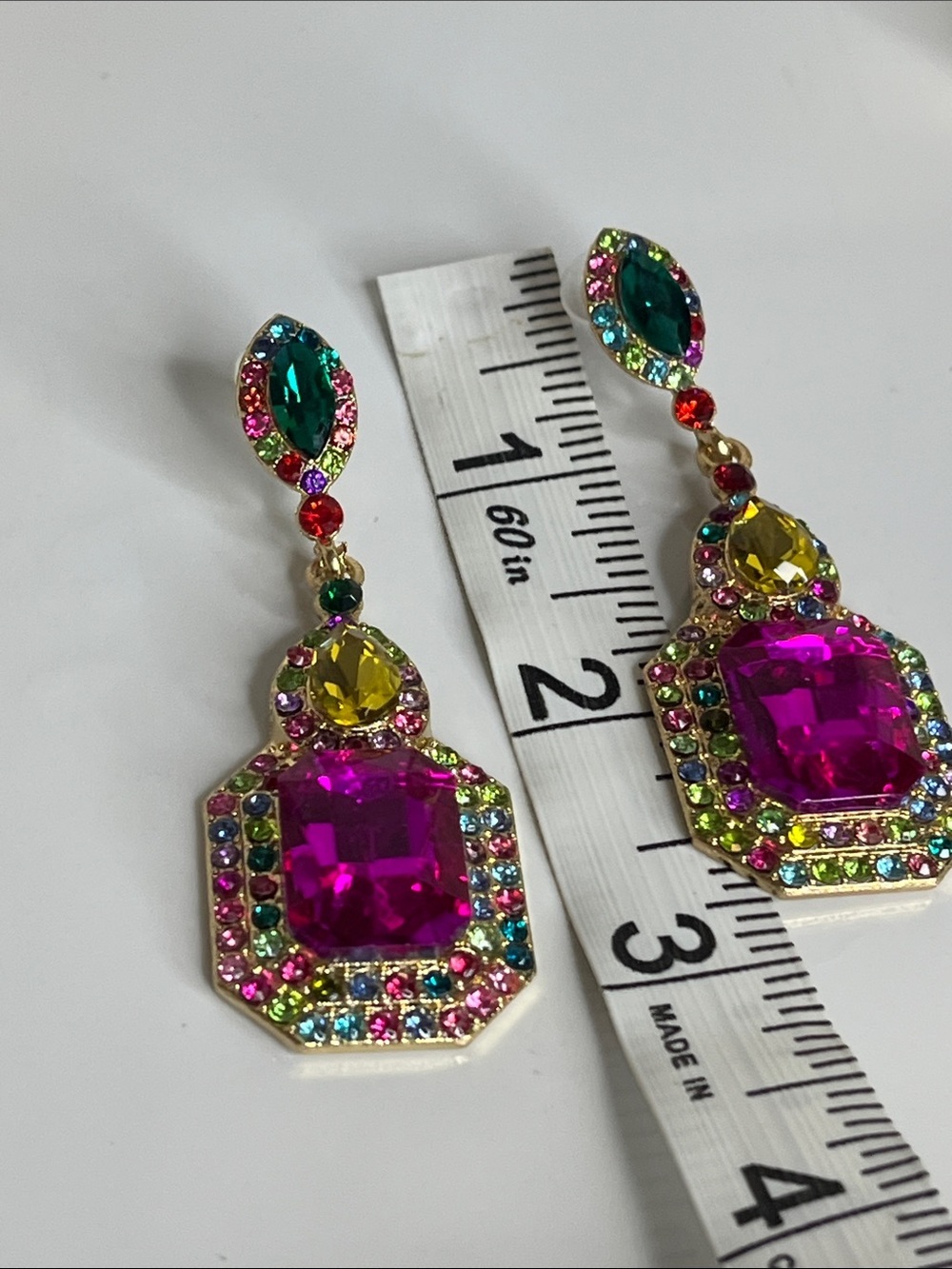 Multicolor Crystal Drop Earrings with Fuchsia Center - Picture 6 of 7